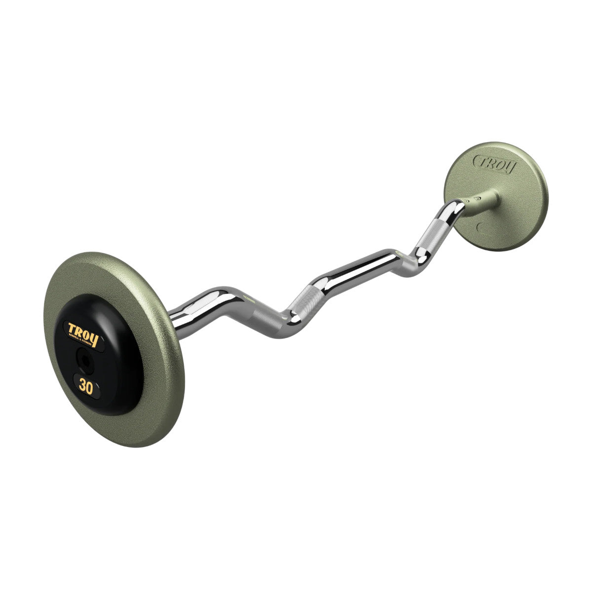 Troy Barbell HZB-R Pro Style 30lb EZ Curl Gray Barbell Black Rubber End Cap on white background.