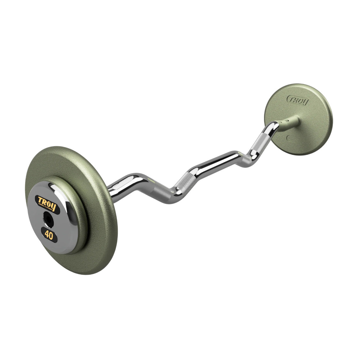 Troy Barbell HZB-C Pro Style 40lb EZ Curl Gray Barbell Chrome End Cap on white background.