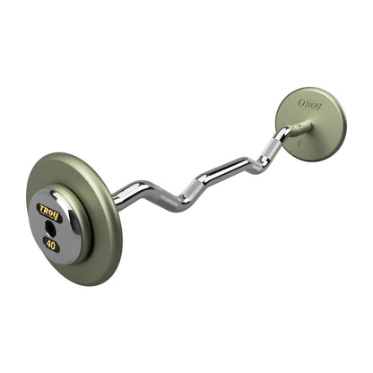 Troy Barbell HZB-C Pro Style 40lb EZ Curl Gray Barbell Chrome End Cap on white background.