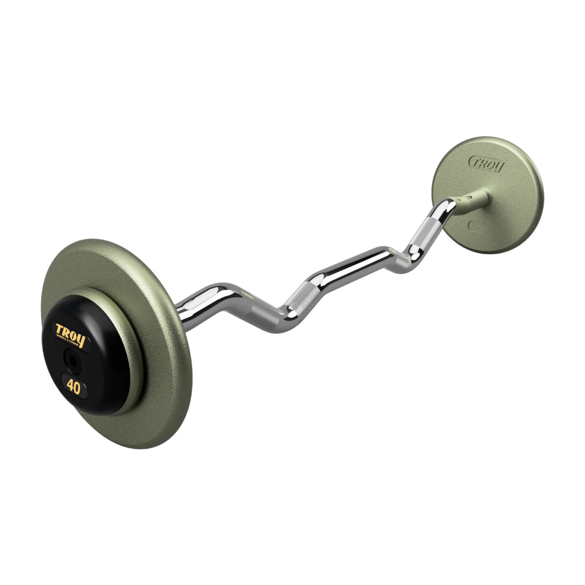 Troy Barbell HZB-R Pro Style 40lb EZ Curl Gray Barbell Black Rubber End Cap on white background.