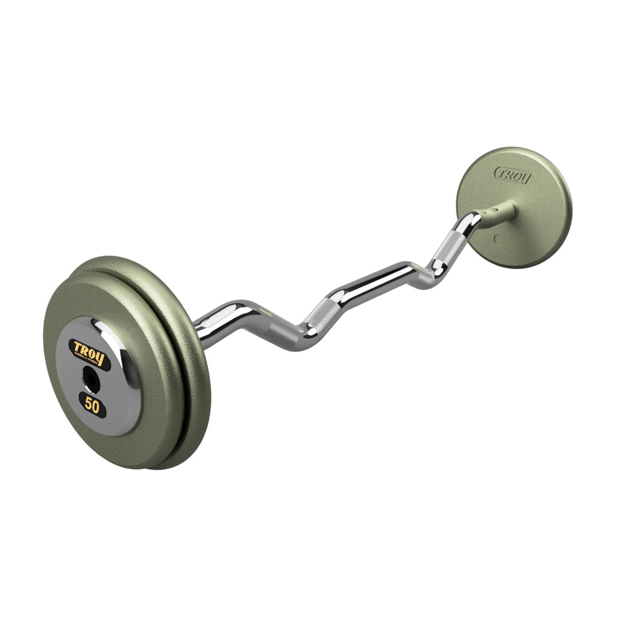 Troy Barbell HZB-C Pro Style 50lb EZ Curl Gray Barbell Chrome End Cap on white background.