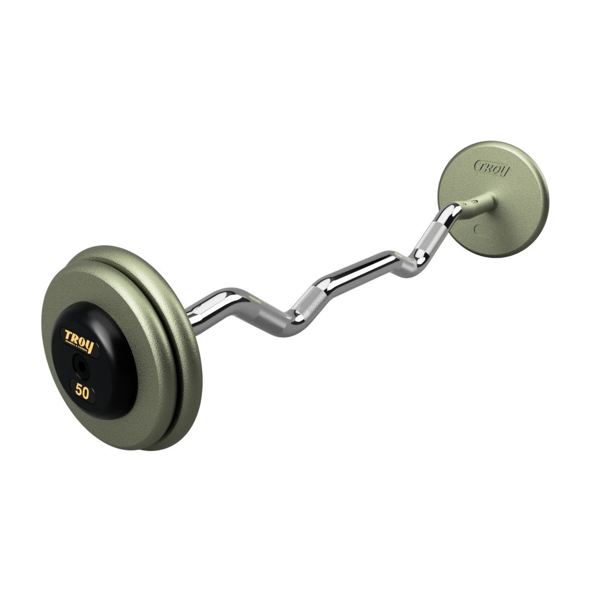 Troy Barbell HZB-R Pro Style 50lb EZ Curl Gray Barbell Black Rubber End Cap on white background.
