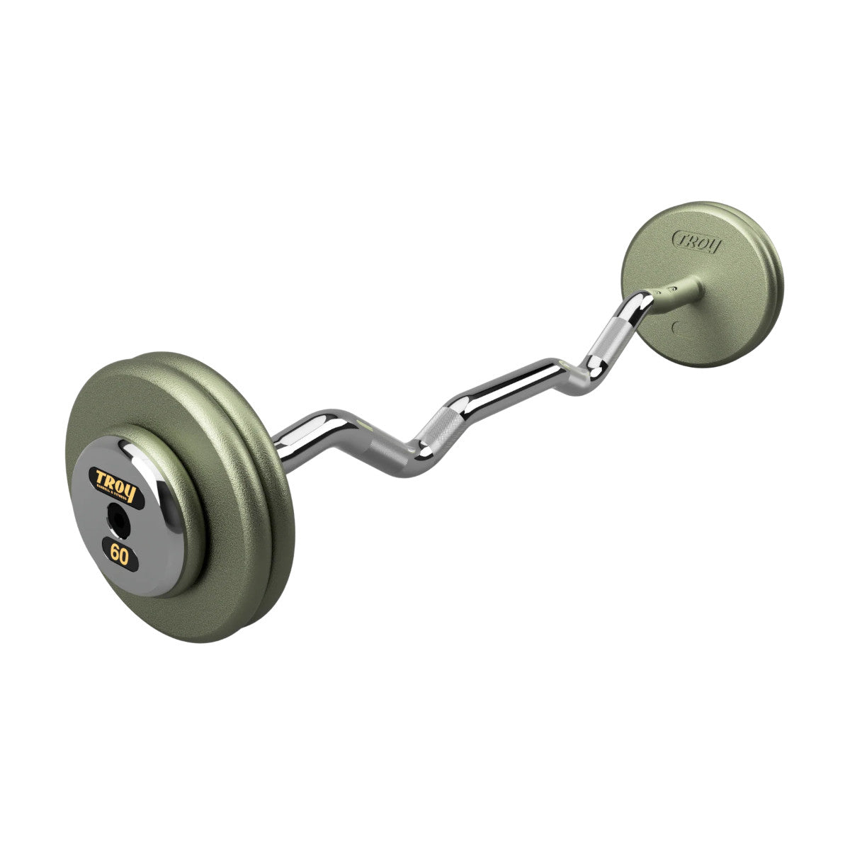 Troy Barbell HZB-C Pro Style 60lb EZ Curl Gray Barbell Chrome End Cap on white background.