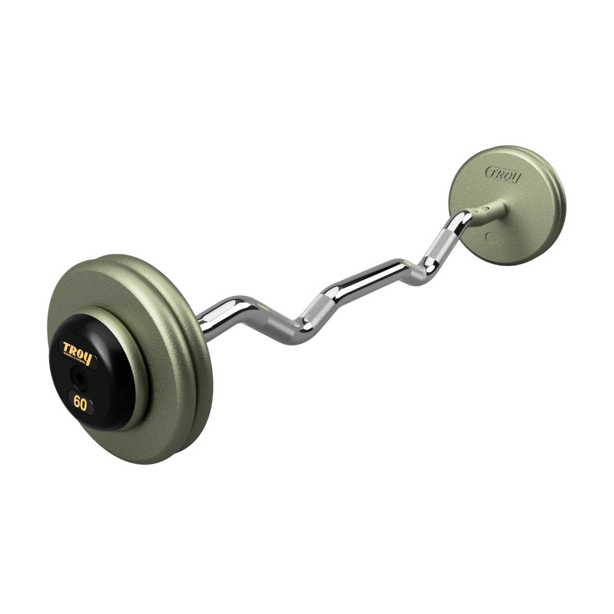 Troy Barbell HZB-R Pro Style 60lb EZ Curl Gray Barbell Black Rubber End Cap on white background.