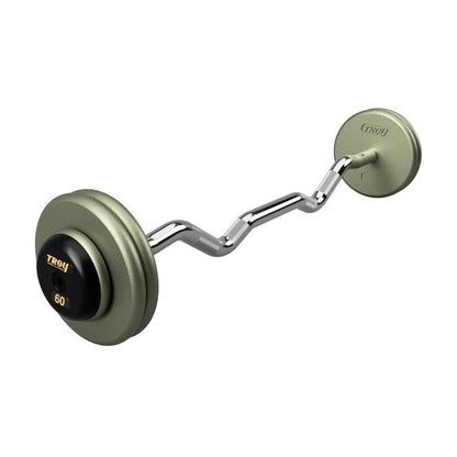 Troy Barbell HZB-R Pro Style 60lb EZ Curl Gray Barbell Black Rubber End Cap on white background.