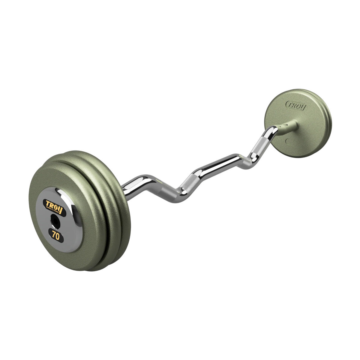 Troy Barbell HZB-C Pro Style 70lb EZ Curl Gray Barbell Chrome End Cap on white background.