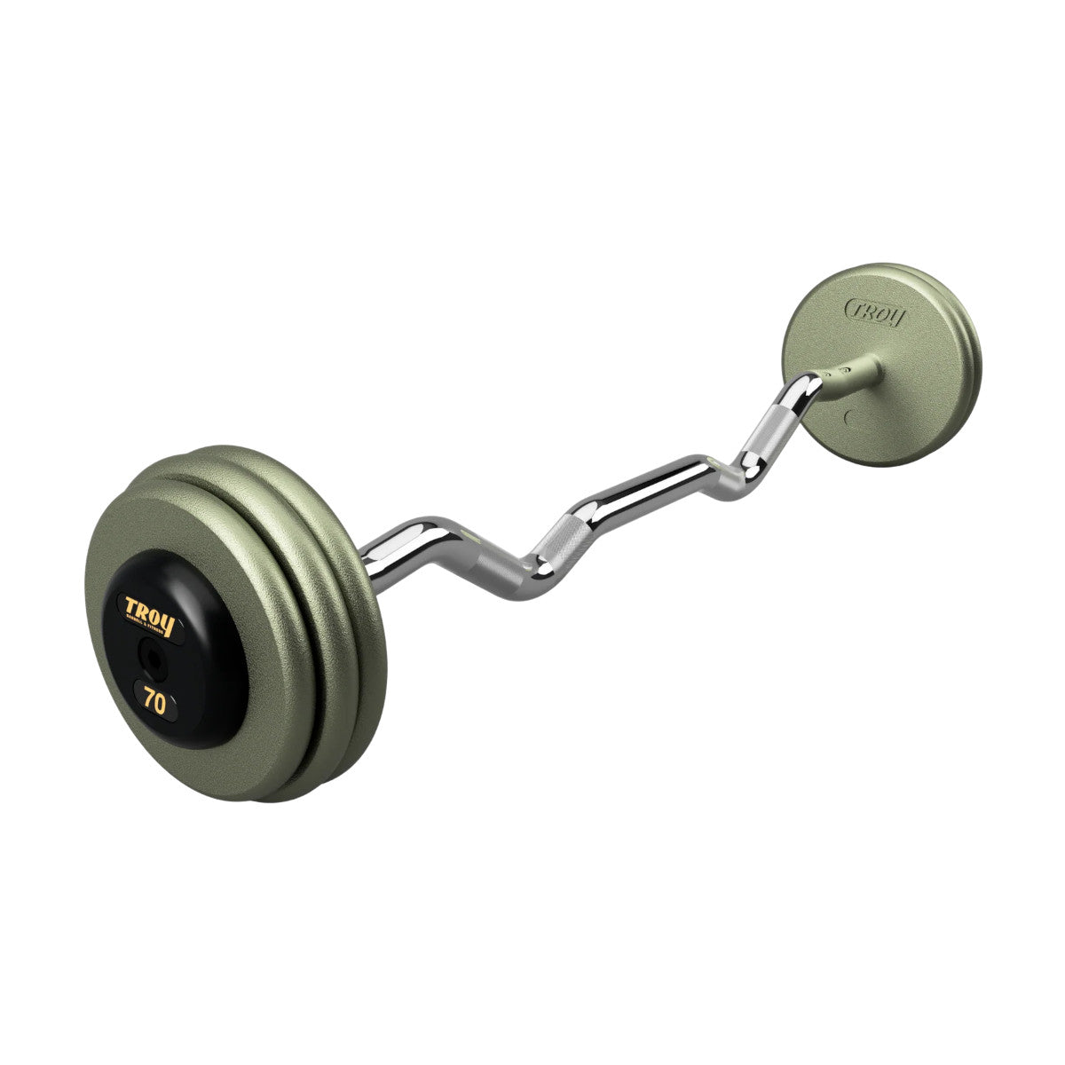 Troy Barbell HZB-R Pro Style 70lb EZ Curl Gray Barbell Black Rubber End Cap on white background.