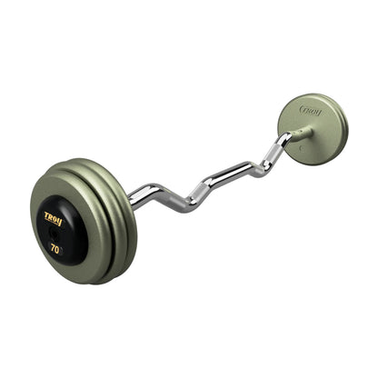 Troy Barbell HZB-R Pro Style 70lb EZ Curl Gray Barbell Black Rubber End Cap on white background.