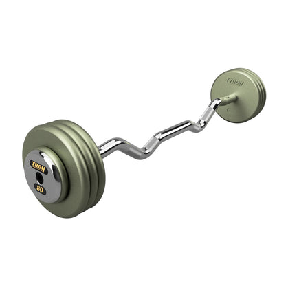 Troy Barbell HZB-C Pro Style 80lb EZ Curl Gray Barbell Chrome End Cap on white background.