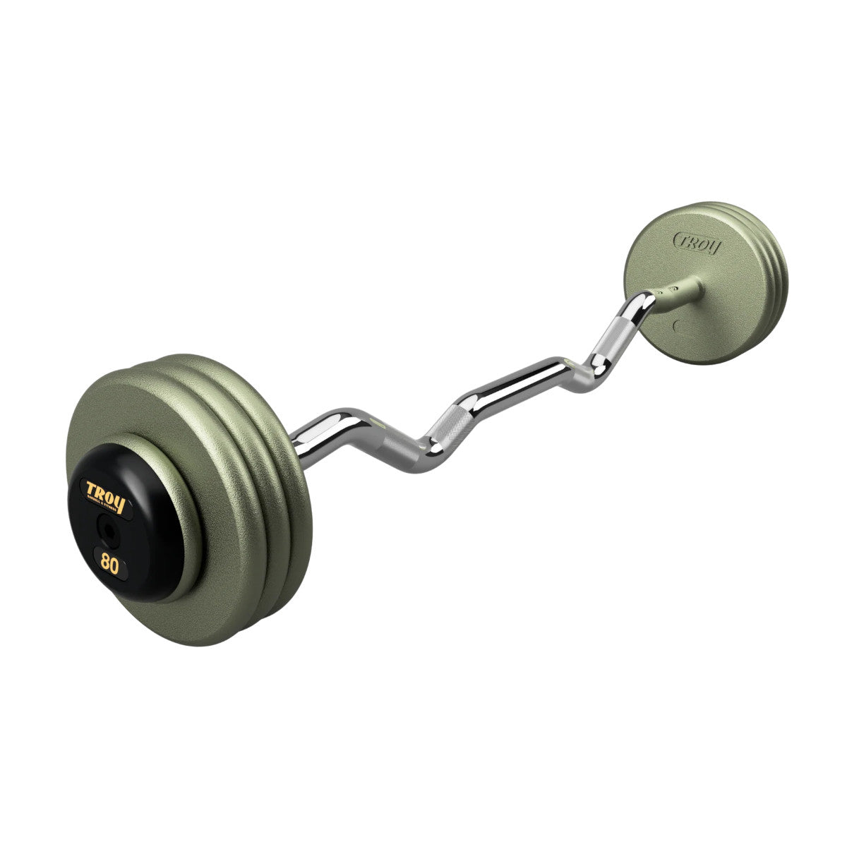 Troy Barbell HZB-R Pro Style 80lb EZ Curl Gray Barbell Black Rubber End Cap on white background.