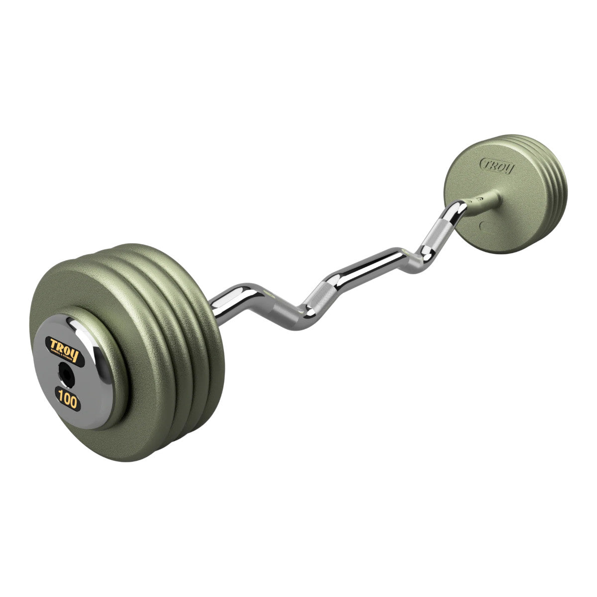 Troy Barbell HZB-C Pro Style 100lb EZ Curl Gray Barbell Chrome End Cap on white background.
