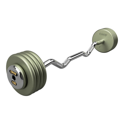 Troy Barbell HZB-C Pro Style 100lb EZ Curl Gray Barbell Chrome End Cap on white background.