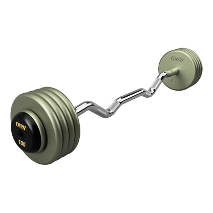 Troy Barbell HZB-R Pro Style 100lb EZ Curl Gray Barbell Black Rubber End Cap on white background.