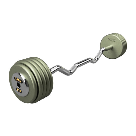 Troy Barbell HZB-C Pro Style 110lb EZ Curl Gray Barbell Chrome End Cap on white background.