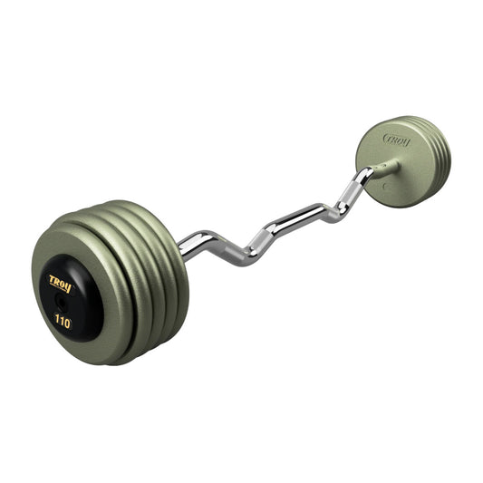 Troy Barbell HZB-R Pro Style 110lb EZ Curl Gray Barbell Black Rubber End Cap on white background.