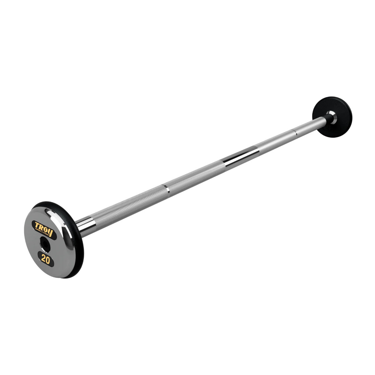 Troy Barbell PFB-C 20lb Pro Style Straight Black Barbell Chrome End Cap on white background.