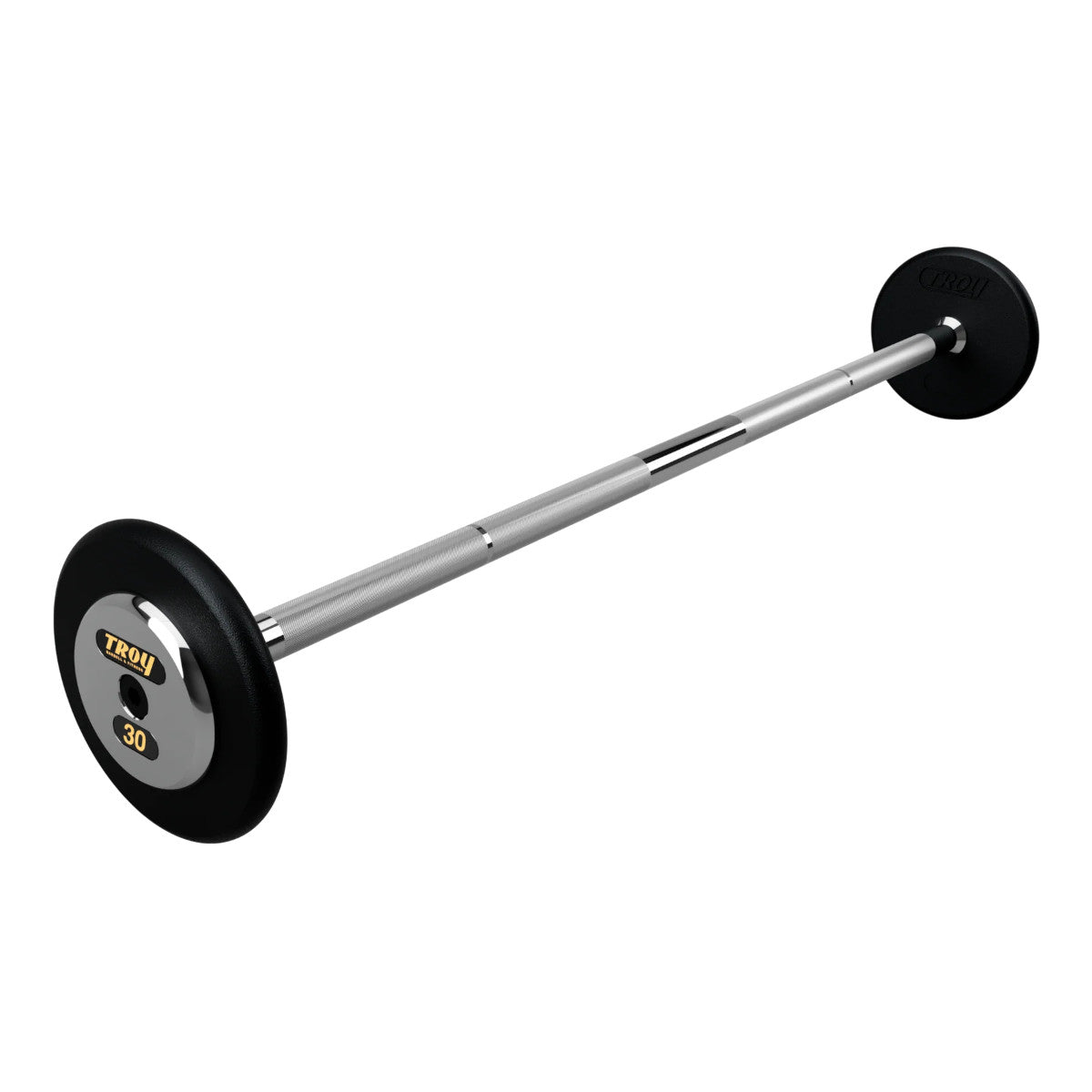 Troy Barbell PFB-C 30lb Pro Style Straight Black Barbell Chrome End Cap on white background.