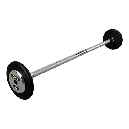 Troy Barbell PFB-C 30lb Pro Style Straight Black Barbell Chrome End Cap on white background.