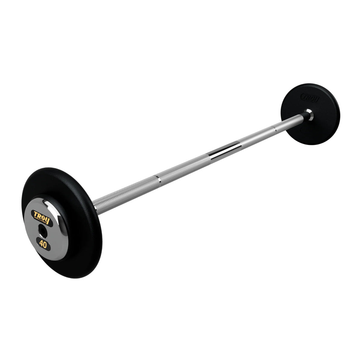 Troy Barbell PFB-C 40lb Pro Style Straight Black Barbell Chrome End Cap on white background.
