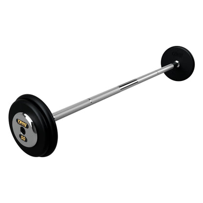 Troy Barbell PFB-C 50lb Pro Style Straight Black Barbell Chrome End Cap on white background.