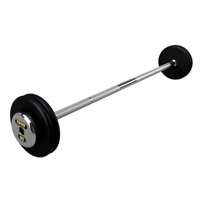 Troy Barbell PFB-C 60lb Pro Style Straight Black Barbell Chrome End Cap on white background.