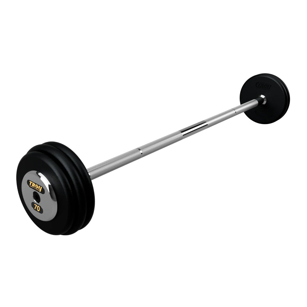 Troy Barbell PFB-C 70lb Pro Style Straight Black Barbell Chrome End Cap on white background.