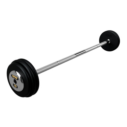 Troy Barbell PFB-C 70lb Pro Style Straight Black Barbell Chrome End Cap on white background.