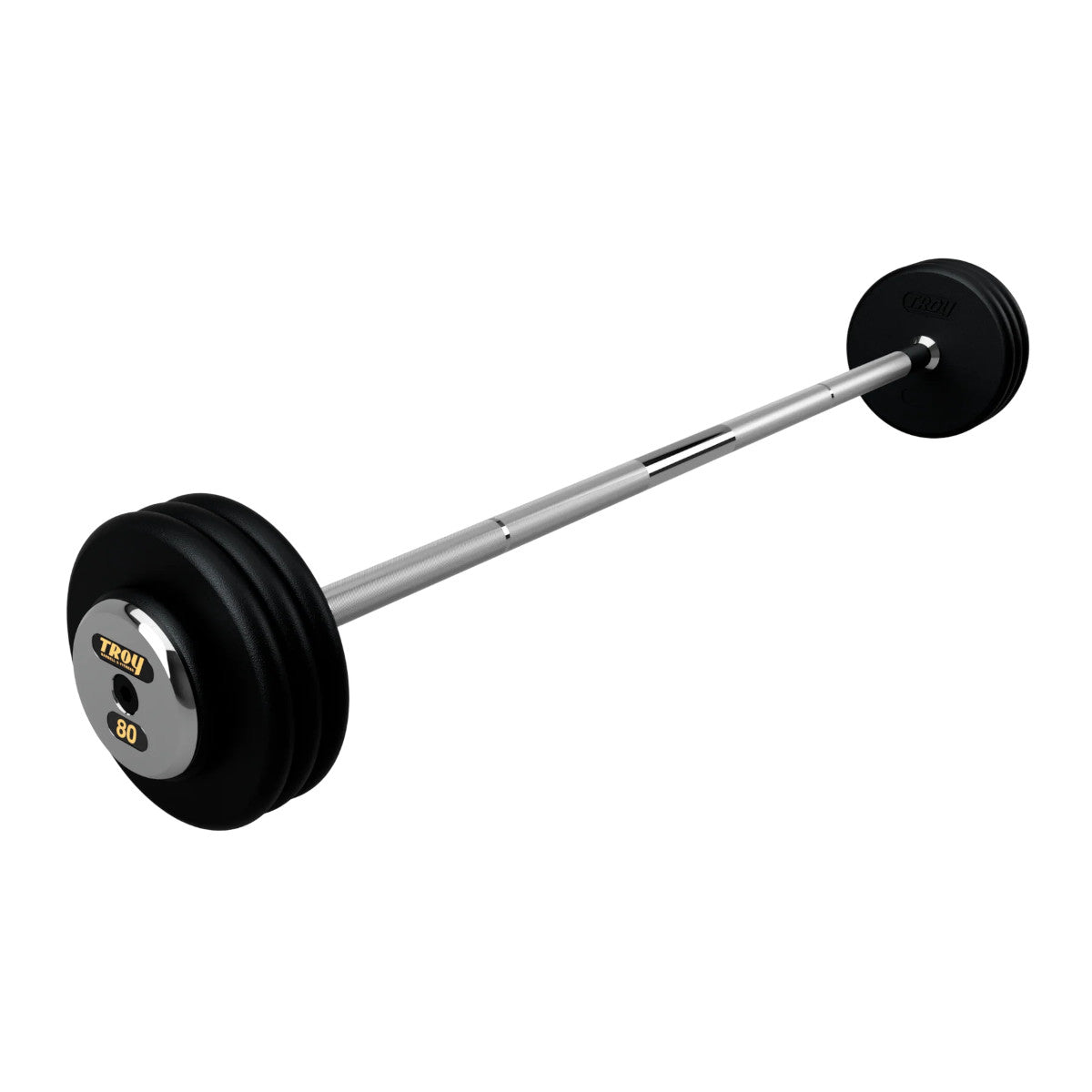 Troy Barbell PFB-C 80lb Pro Style Straight Black Barbell Chrome End Cap on white background.