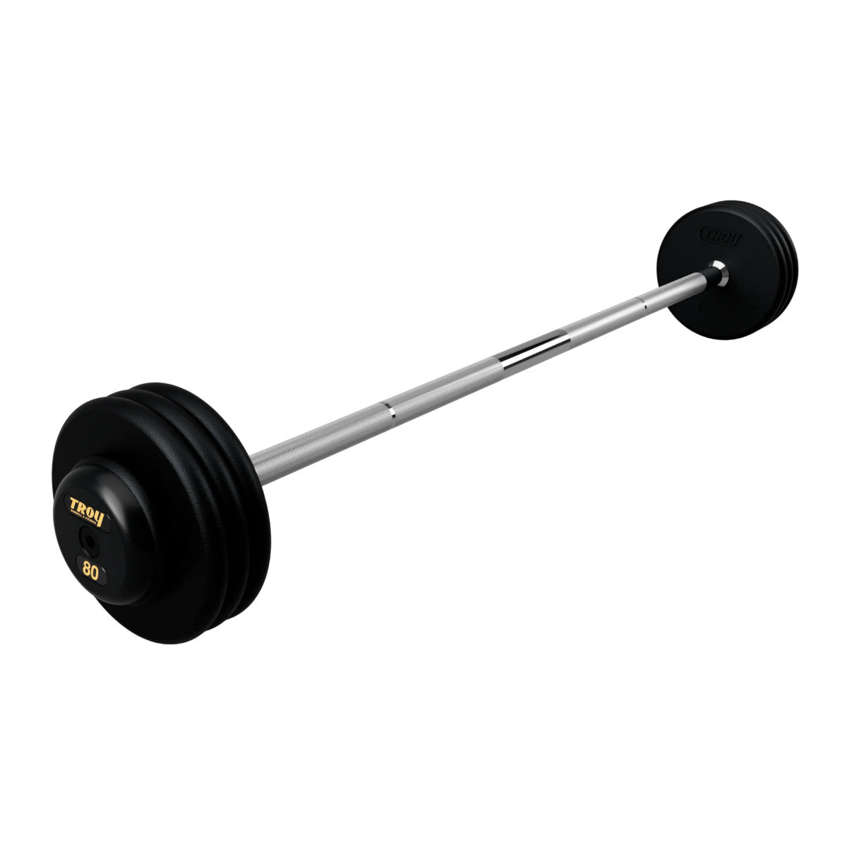 Troy Barbell PFB-R Pro Style 80lb Straight Black Barbell Black End Cap on white background.