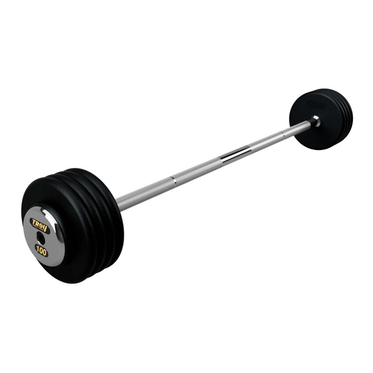 Troy Barbell PFB-C 100lb Pro Style Straight Black Barbell Chrome End Cap on white background.