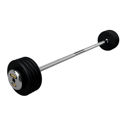 Troy Barbell PFB-C 100lb Pro Style Straight Black Barbell Chrome End Cap on white background.