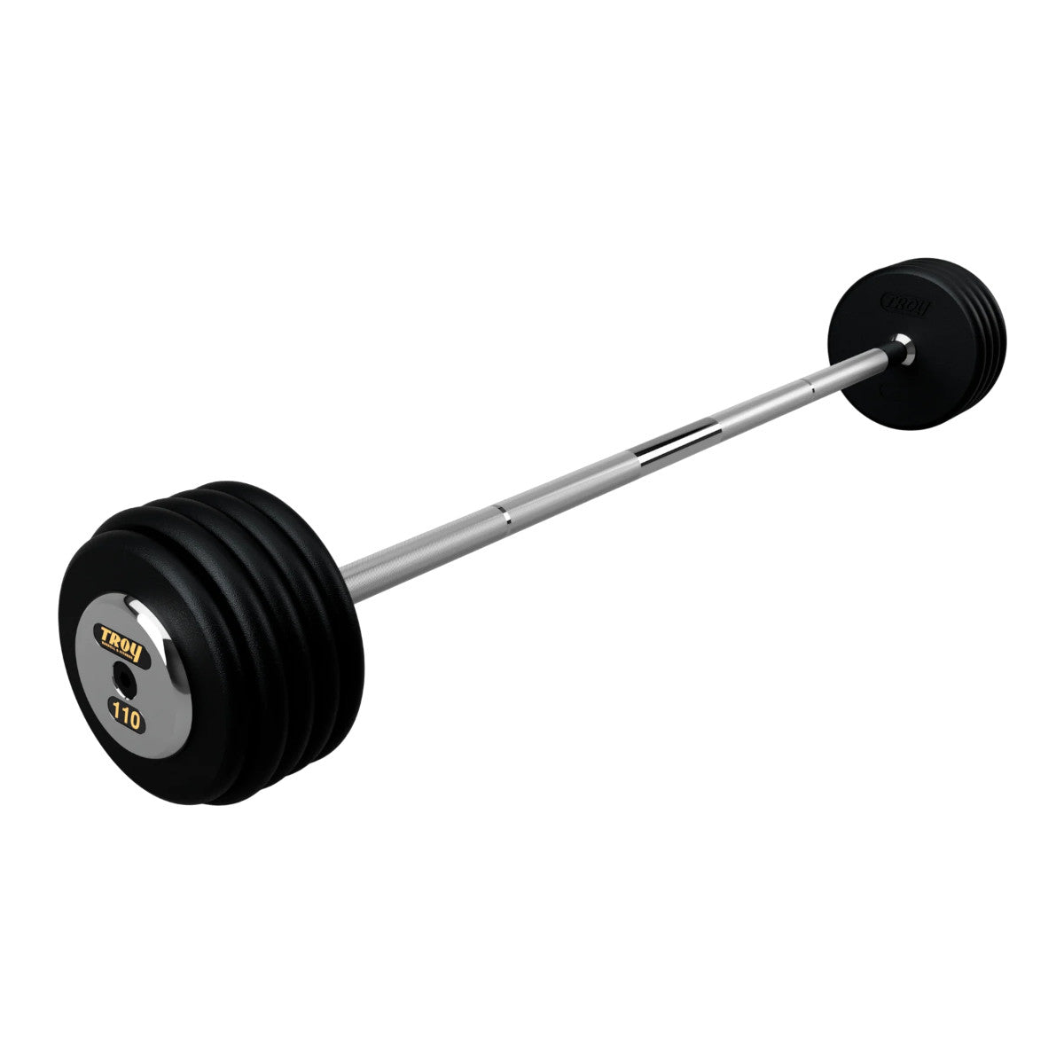 Troy Barbell PFB-C 110lb Pro Style Straight Black Barbell Chrome End Cap on white background.