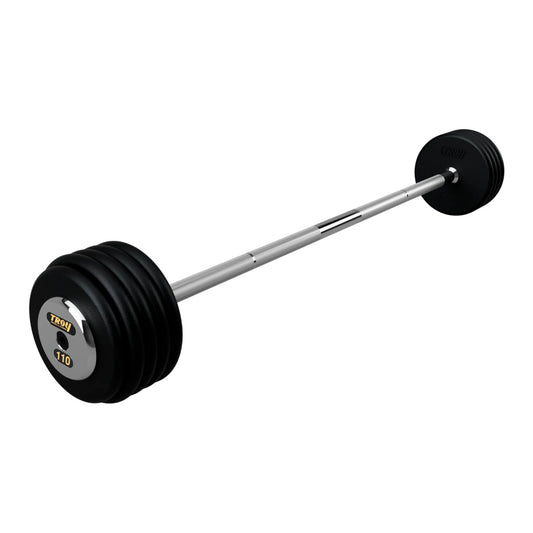 Troy Barbell PFB-C 110lb Pro Style Straight Black Barbell Chrome End Cap on white background.