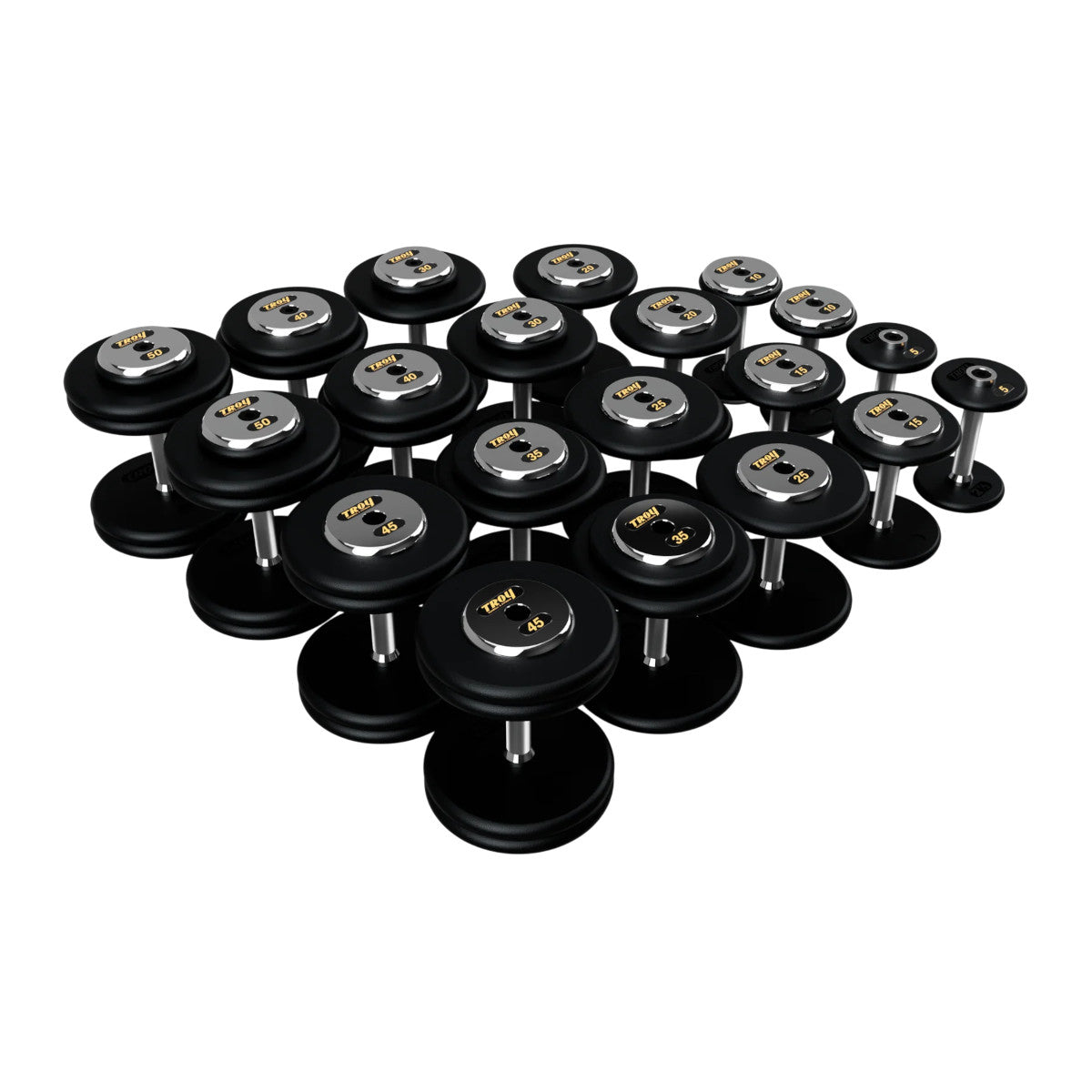 Troy Barbell PFD Pro Style Black plates, straight handle with chrome end caps Dumbbells 5 to 50 lb set.