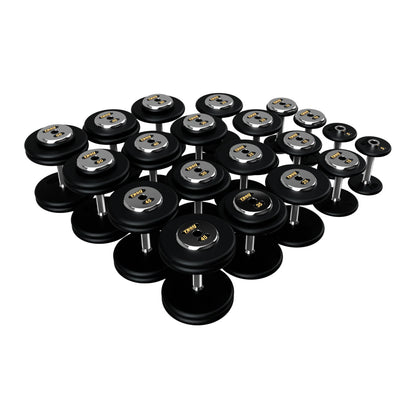 Troy Barbell PFD Pro Style Black plates, straight handle with chrome end caps Dumbbells 5 to 50 lb set.