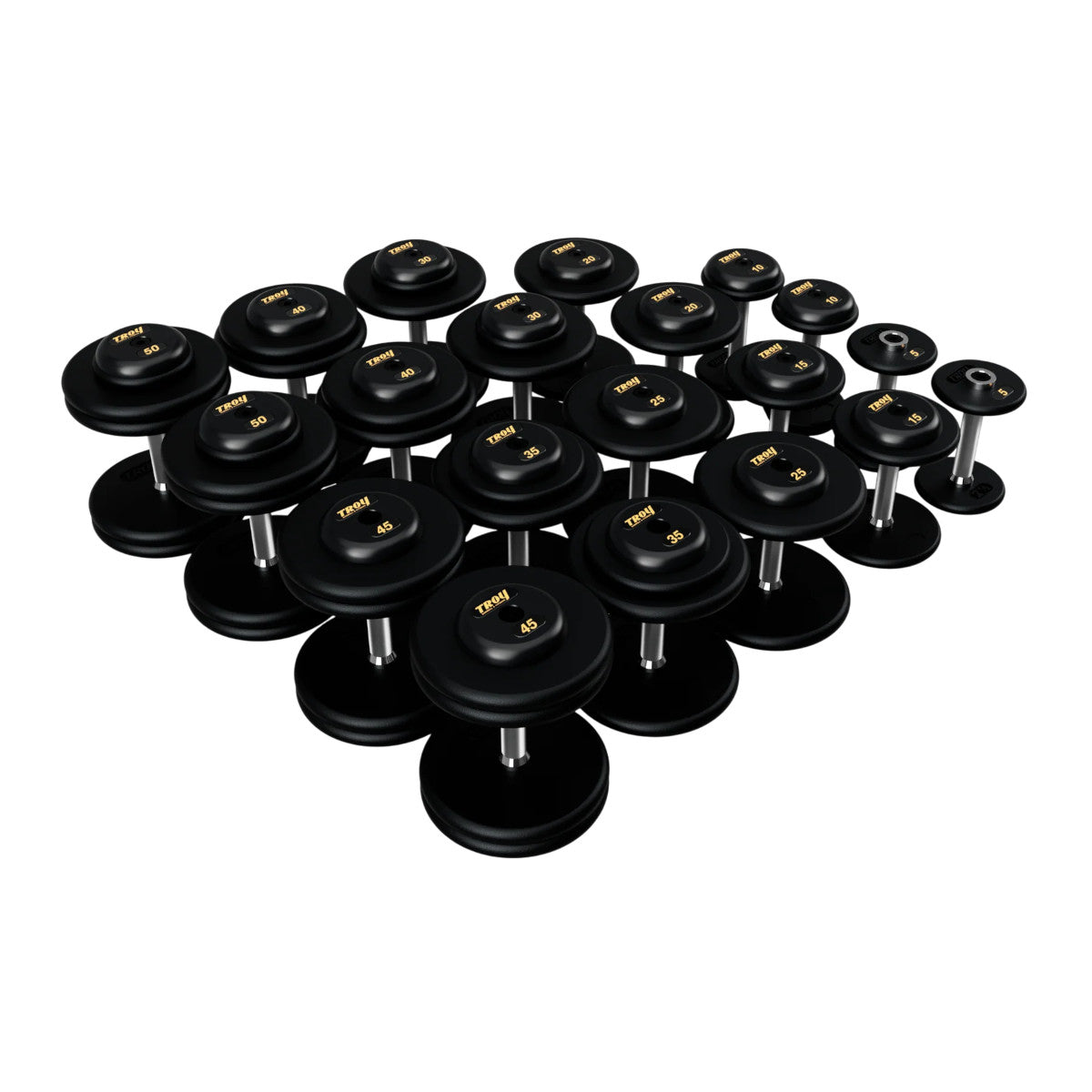 Troy Barbell PFD Pro Style Black plates, straight handle with black rubber end caps Dumbbells 5 to 50 lb set.