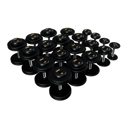 Troy Barbell PFD Pro Style Black plates, straight handle with black rubber end caps Dumbbells 5 to 50 lb set.