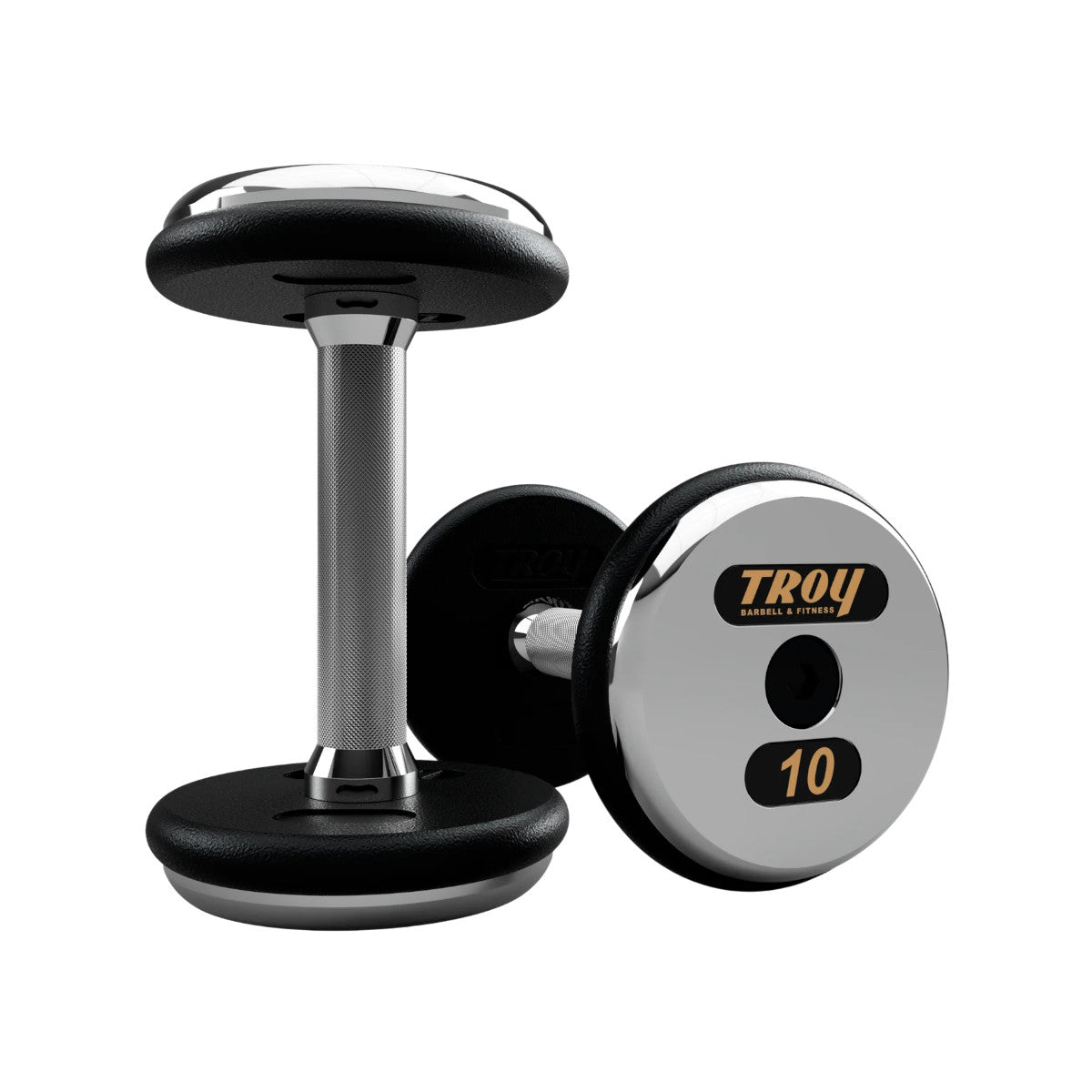 Troy Barbell PFD Pro Style Black plates, straight handle with chrome end caps Dumbbells 10 lb pair.