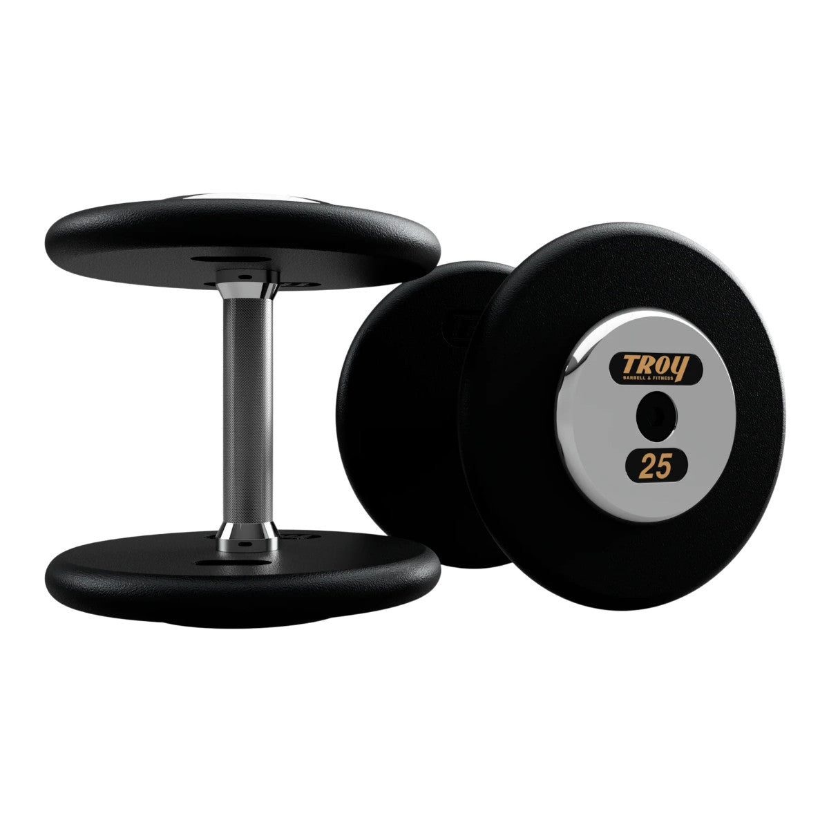 Troy Barbell PFD Pro Style Black plates, straight handle with chrome end caps Dumbbells 25 lb pair.