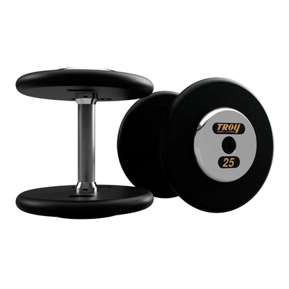 Troy Barbell PFD Pro Style Black plates, straight handle with chrome end caps Dumbbells 25 lb pair.