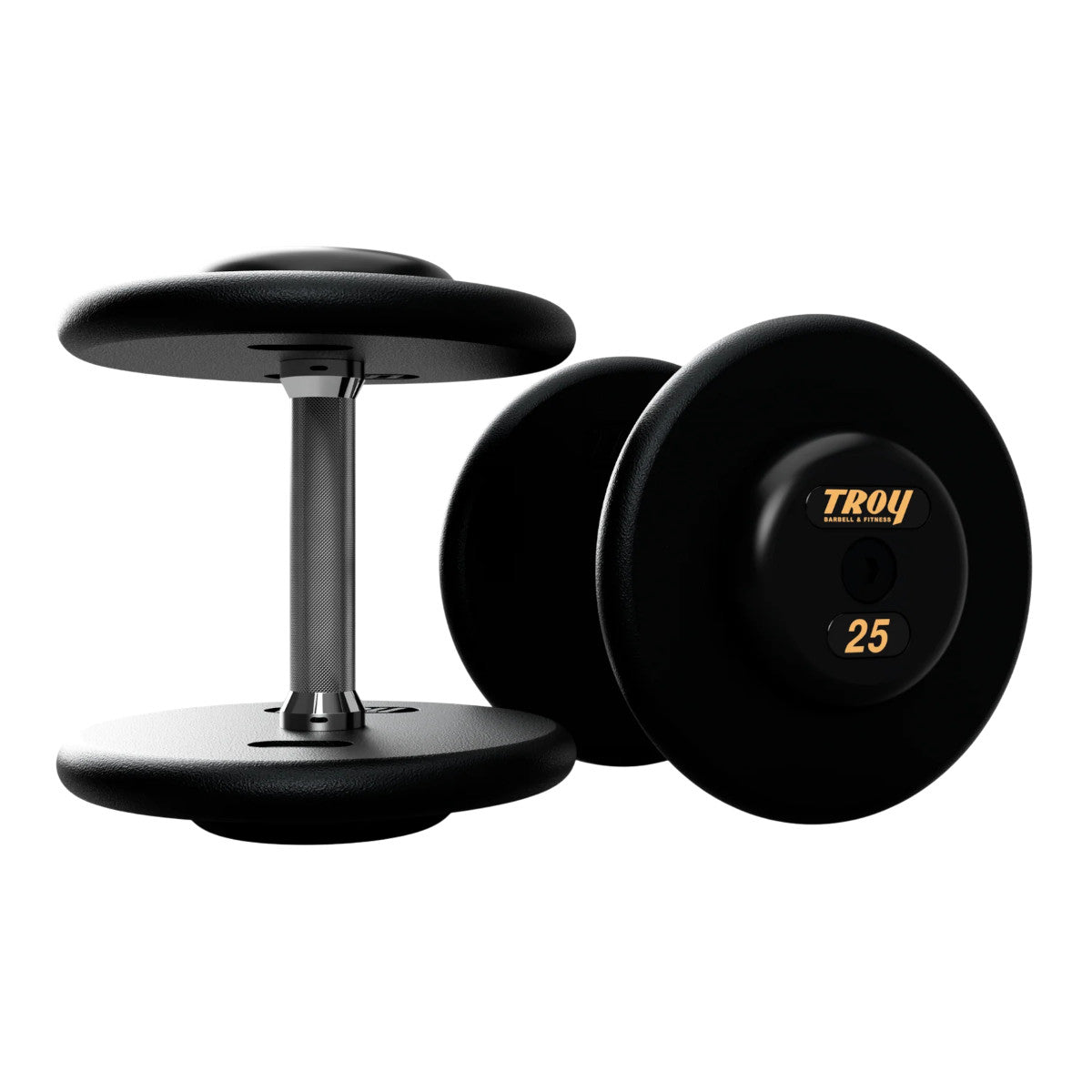 Troy Barbell PFD Pro Style Black plates, straight handle with black rubber end caps Dumbbells 25 lb pair.