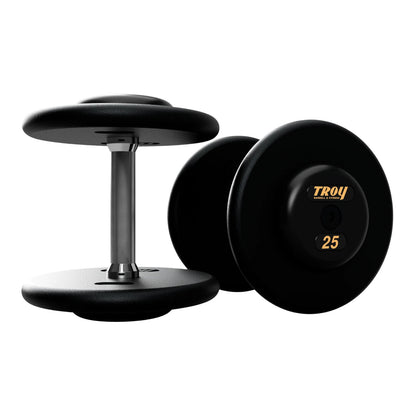 Troy Barbell PFD Pro Style Black plates, straight handle with black rubber end caps Dumbbells 25 lb pair.