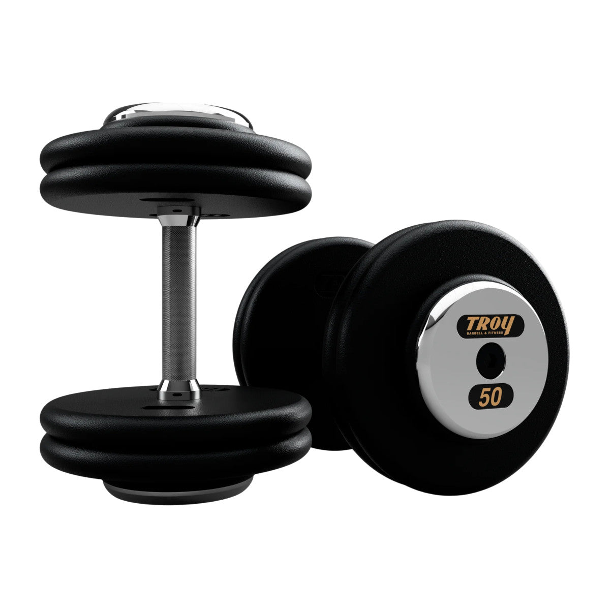Troy Barbell PFD Pro Style Black plates, straight handle with chrome end caps Dumbbells 50 lb pair.