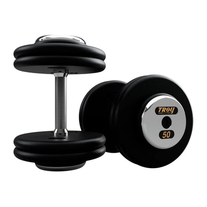 Troy Barbell PFD Pro Style Black plates, straight handle with chrome end caps Dumbbells 50 lb pair.