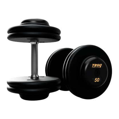 Troy Barbell PFD Pro Style Black plates, straight handle with black rubber end caps Dumbbells 50 lb pair.