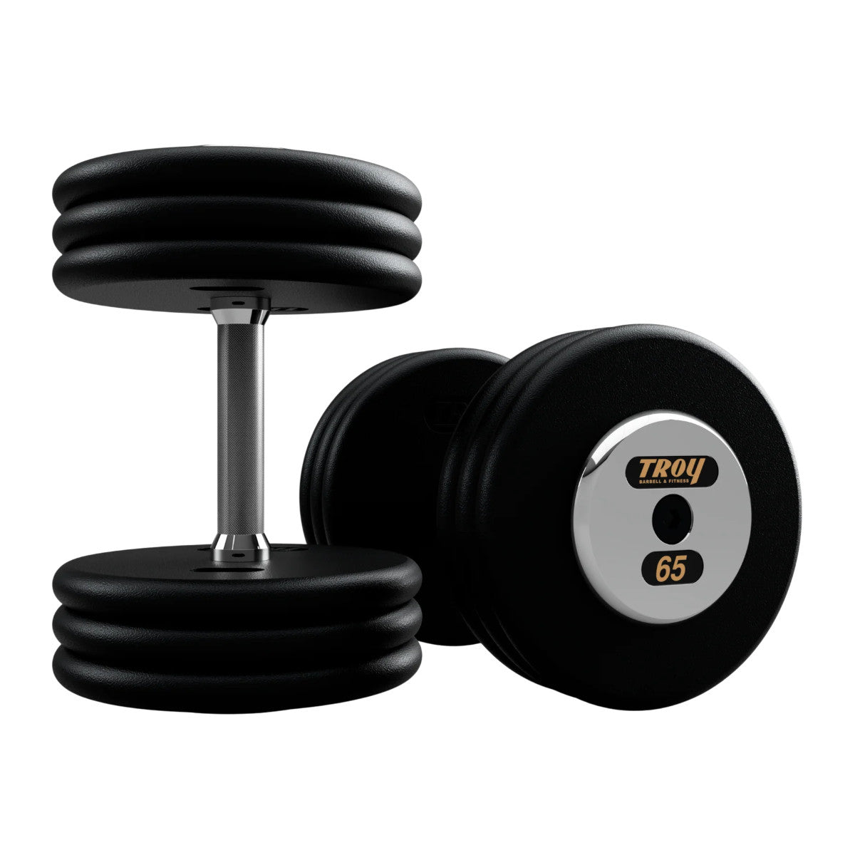 Troy Barbell PFD Pro Style Black plates, straight handle with chrome end caps Dumbbells 65 lb pair.