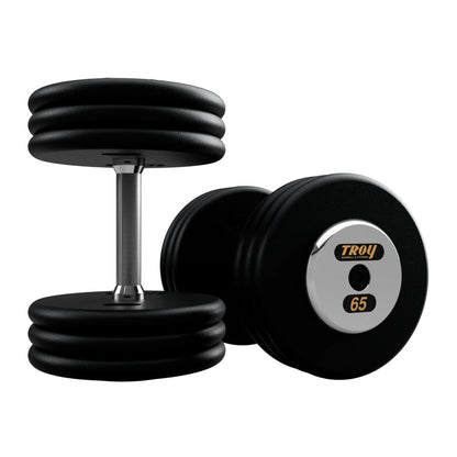 Troy Barbell PFD Pro Style Black plates, straight handle with chrome end caps Dumbbells 65 lb pair.