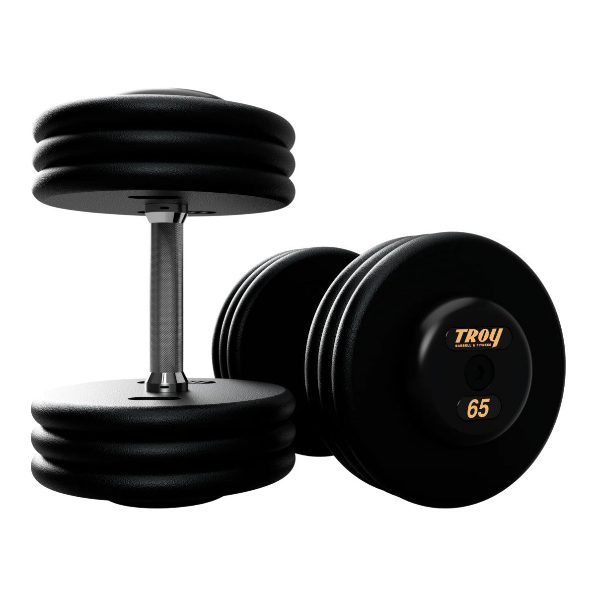 Troy Barbell PFD Pro Style Black plates, straight handle with black rubber end caps Dumbbells 65 lb pair.