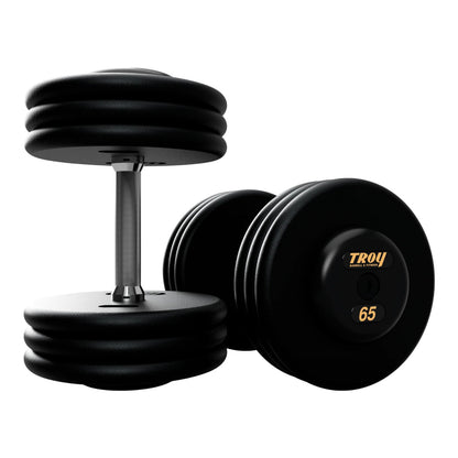 Troy Barbell PFD Pro Style Black plates, straight handle with black rubber end caps Dumbbells 65 lb pair.