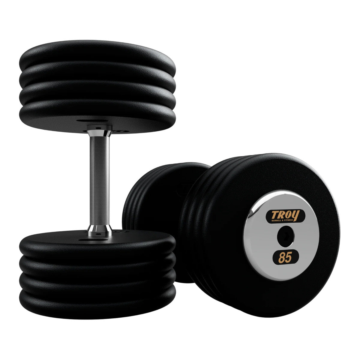 Troy Barbell PFD Pro Style Black plates, straight handle with chrome end caps Dumbbells 85 lb pair.